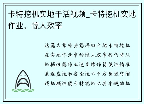 卡特挖机实地干活视频_卡特挖机实地作业，惊人效率